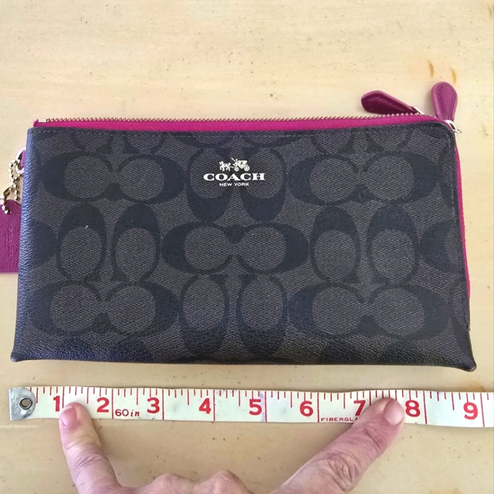 Coach Signature Brown and Pink Zip Around Wallet